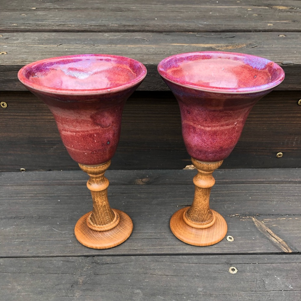 Handmade Pottery Wood Goblets Pair Set Wedding Anniversary Renaissance Medieval - Picture 2 of 4